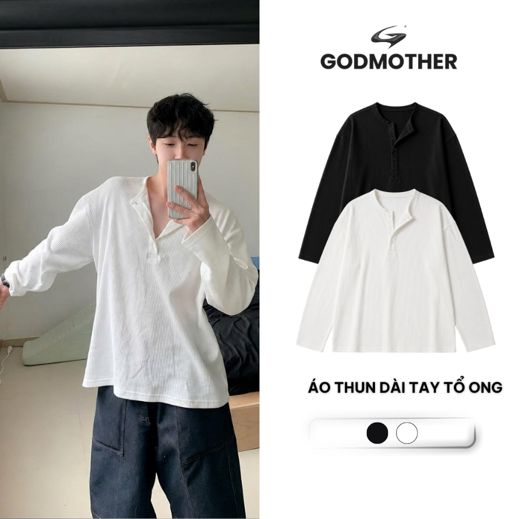 Áo Dài Tay Nam Nữ GODMOTHER Phối Cúc Áo Thun Thu Đông Cổ Henley Chất Liệu Tổ Ong Mềm Mại Thoải Mái ADF26001