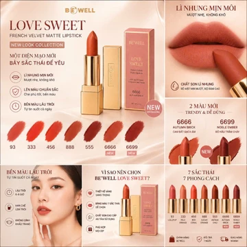 [Mới] Son Lì Nhung BE’WELL Love Sweet New Look 7 Màu 93 333 456 555 666 888 6666 6699 – Son Mịn Lì - Lâu Trôi