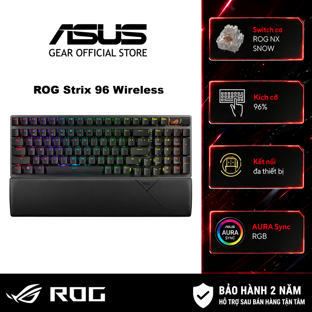 Bàn phím cơ FPS không dây ASUS ROG Strix Scope II 96 WL, swith cơ ROG NX Snow (bluetooth/usb/códây), layout 96%,thay sạc