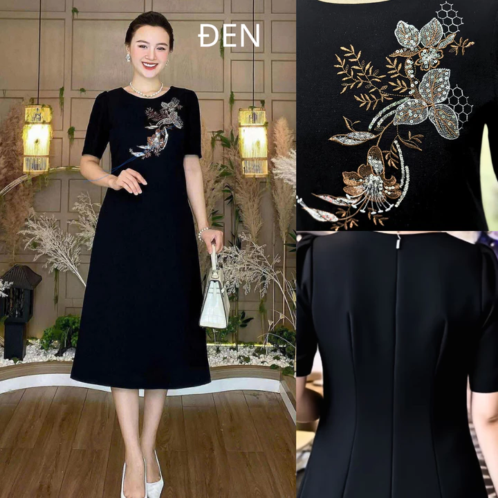 Đầm Trung niên-Đầm dự tiệc-Đầm Suôn-Váy Tặng Mẹ-Đầm Thêu hoa phối kim sa phale