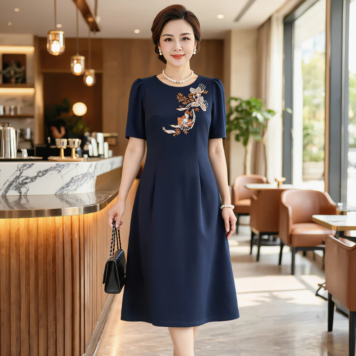 Đầm Trung niên-Đầm dự tiệc-Đầm Suôn-Váy Tặng Mẹ-Đầm Thêu hoa phối kim sa phale
