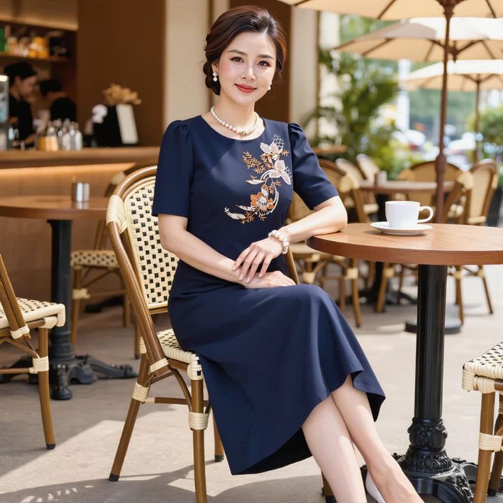 Đầm Trung niên-Đầm dự tiệc-Đầm Suôn-Váy Tặng Mẹ-Đầm Thêu hoa phối kim sa phale