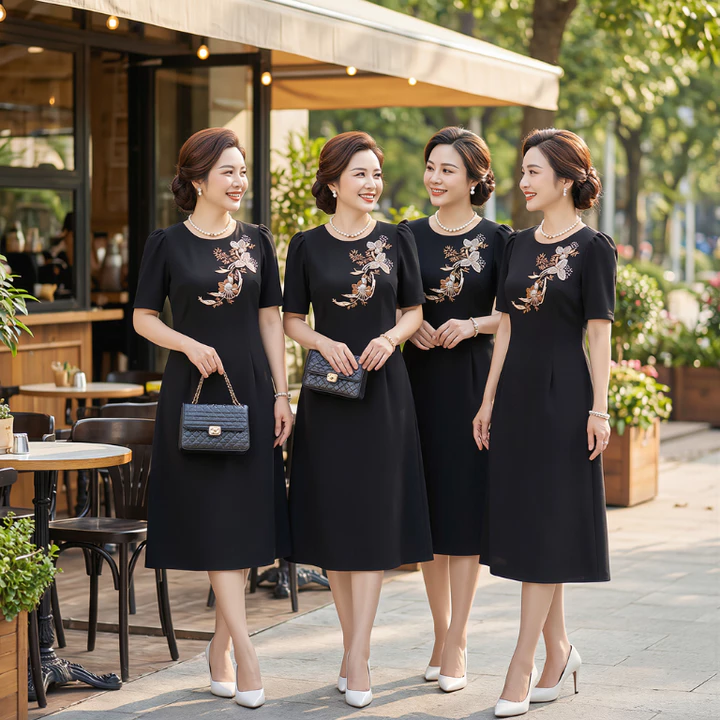 Đầm Trung niên-Đầm dự tiệc-Đầm Suôn-Váy Tặng Mẹ-Đầm Thêu hoa phối kim sa phale