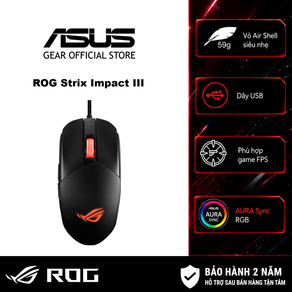 Chuột game có dây ASUS ROG STRIX IMPACT III, siêu nhẹ, cảm biến quang học 12.000 dpi, switch dễ thay thế