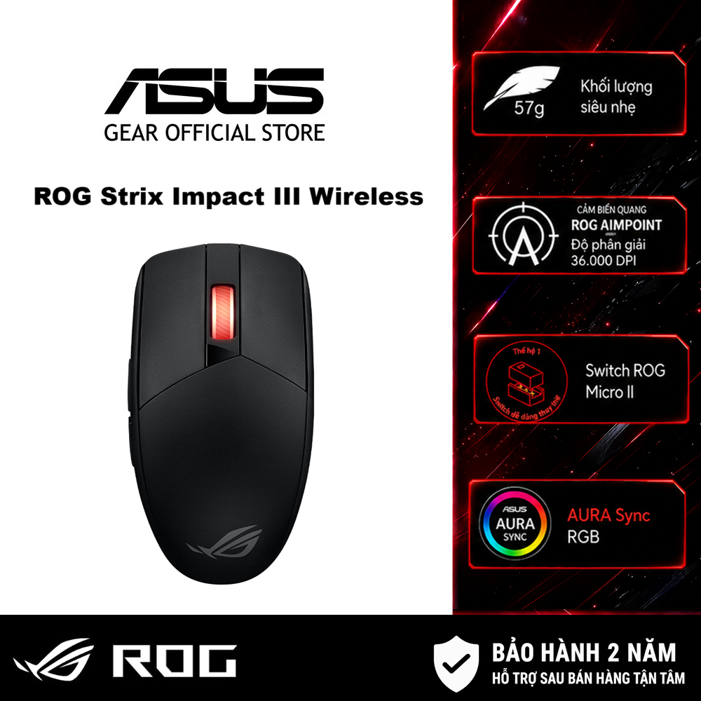 Chuột Game không dây Asus Rog Strix Impact III wireless, kết nối usb 2.4Hz / Bluetooh, DPI 36000, cảm biến Ampoint