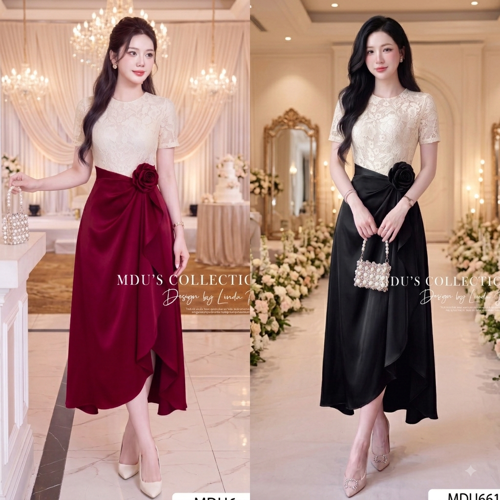 Váy Thiết Kế ADELA DESIGN Chất Ren Hoa Phối Lụa Twist Satin Sang Trọng BST MDU6616