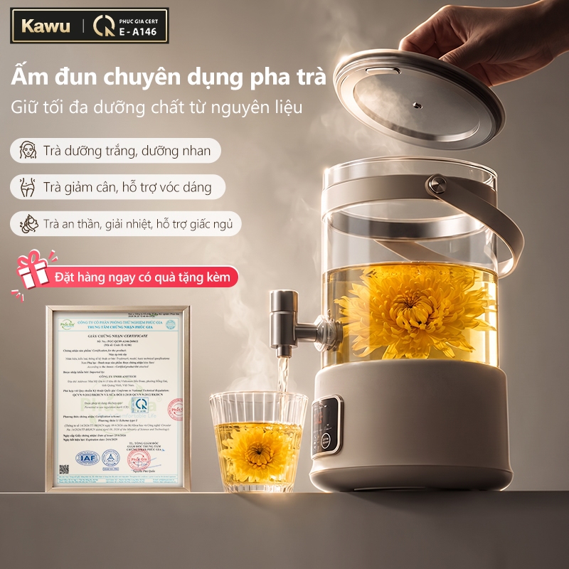 Ấm siêu tốc Kawu 2.5L inox 304 thuỷ tinh chịu nhiệt 24H giữ nhiệt có lưới lọc Ấm pha trà đa năng