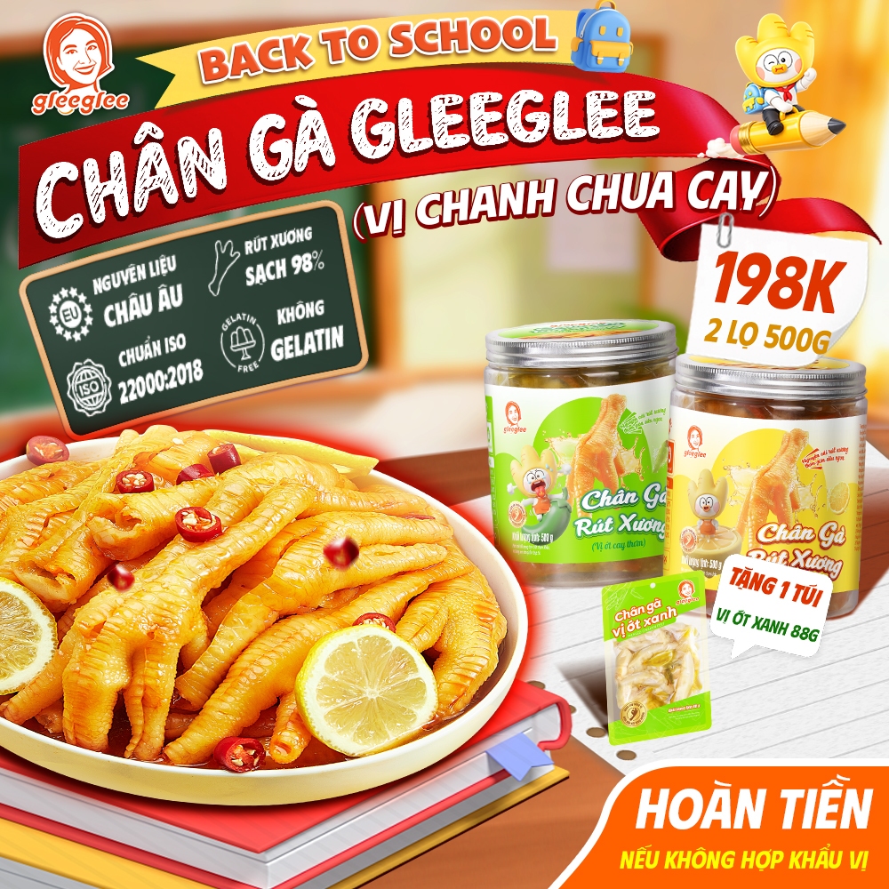 Combo Chân Gà Rút Xương GleeGlee 2 lọ vị 500gx2 Cay Nồng Sạch Xương >98% Ăn Liền Chuẩn ISO 22000
