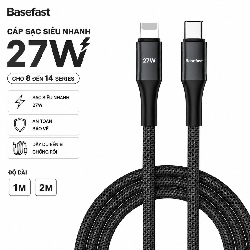 Cáp sạc nhanh 20W Basefast dây bọc dù dài 1m 2m siêu bền cho Phone xsm xs 12 13 14 11 pro max