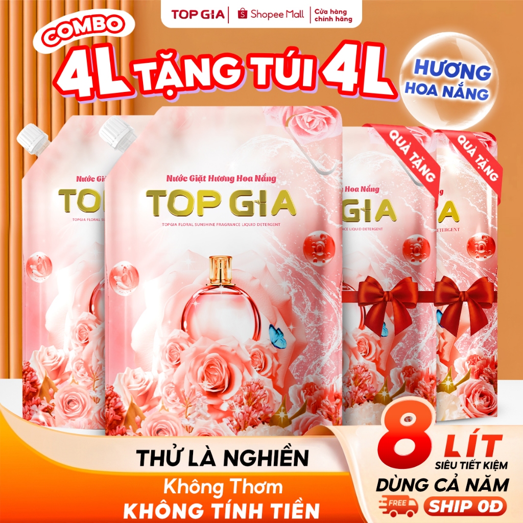 [Mua 4L Tặng 4L] Nước Giặt Xả TopGia Hương Hoa Nắng Ngọt Ngào, An Toàn Lưu Hương Bền Lâu 72H, Túi 2L