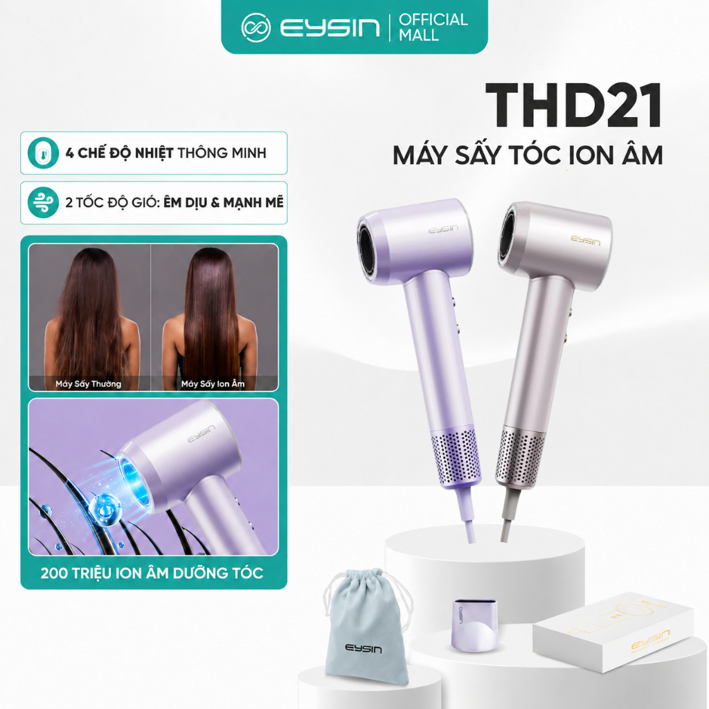 [K] Máy sấy tóc tốc độ cao EYSIN THD21 200 Triệu Ion Âm Công Suất 1600W Nhanh Khô Nhỏ Gọn