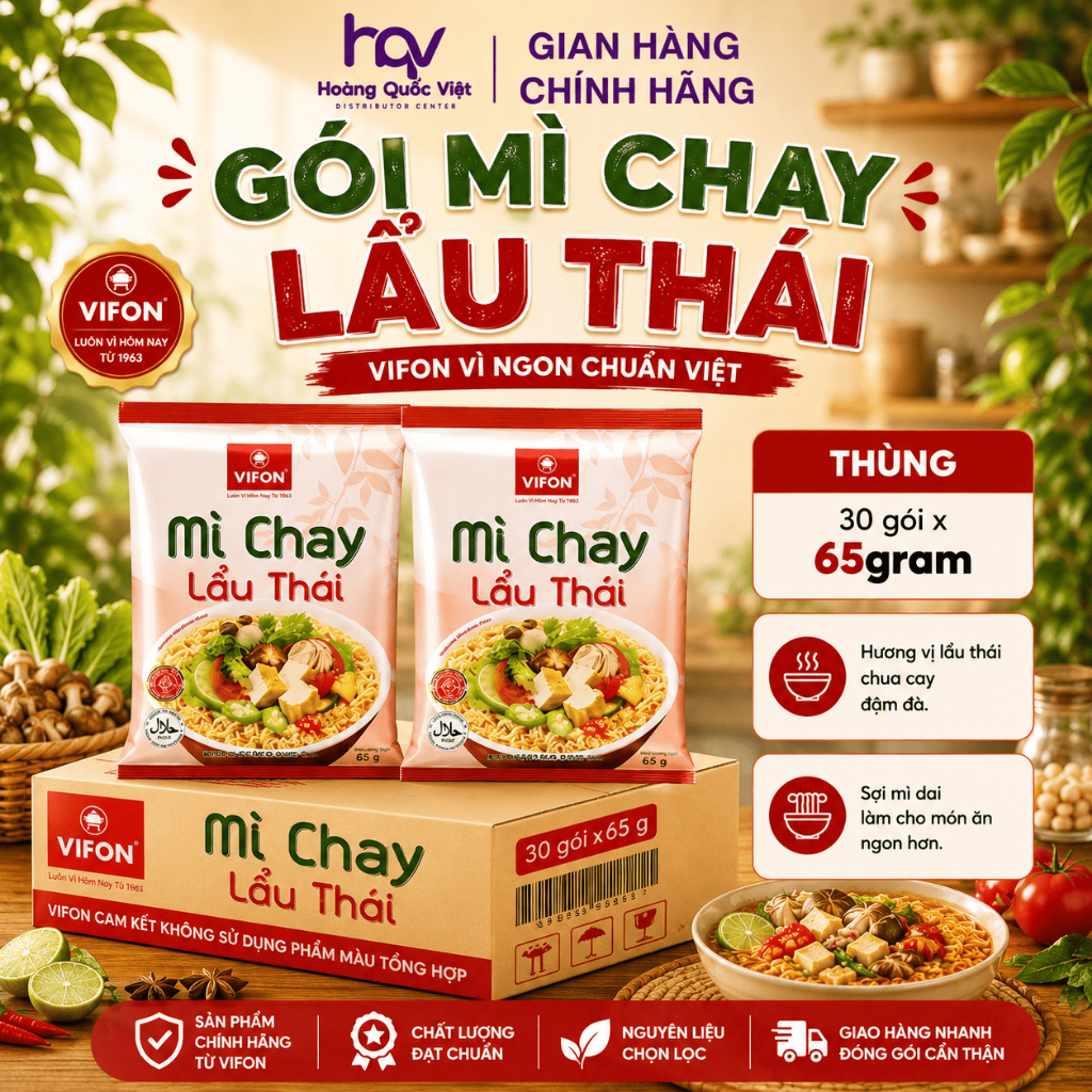 VIFON - Thùng 30 Gói Mì Chay Lẩu Thái VIFON 65g Ăn Liền Sợi Mì Giòn Trơn Thơm Ngon Thanh Vị Tiện Lợi