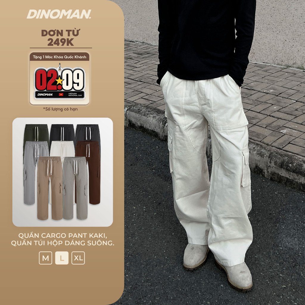Quần Cargo Pant Kaki 300gsm DINOMAN , Quần Túi Hộp Nam Nữ Ống Rộng Basic QTH01