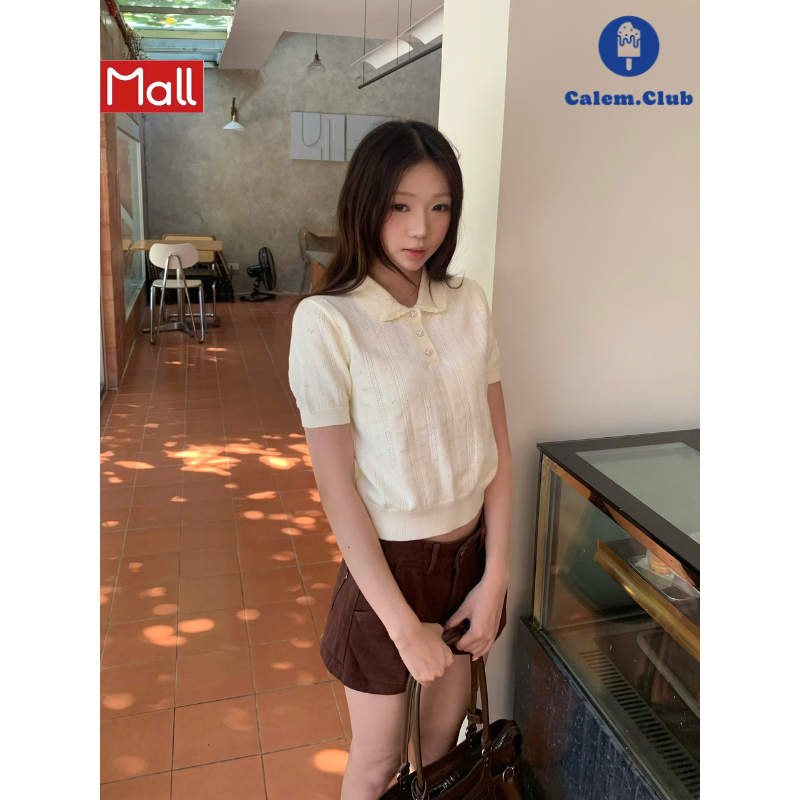 Calem.Club - Polo Daisy Knit chất len dệt kim tay ngắn cổ bẻ phong cách hàn quốc nữ tính