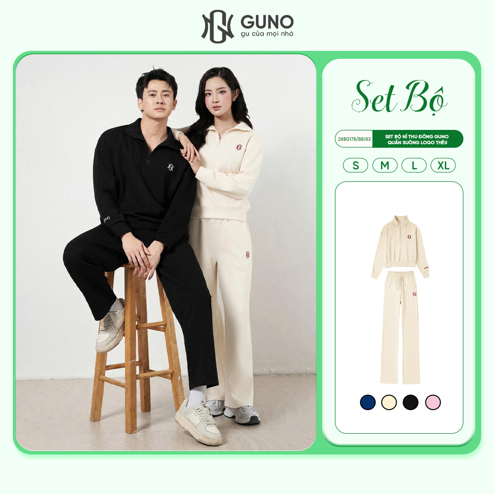 Bộ quần áo nỉ nam nữ GUNO cao cấp vải nỉ modal kéo khoá cổ kèm quần suông logo thêu 26BG178/BB183