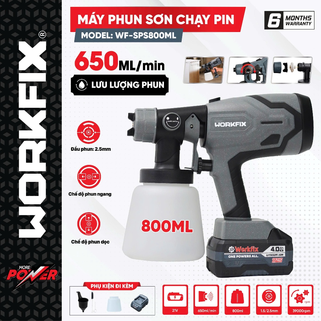 Máy phun sơn pin WORKFIX WF-SPS800ML, 650ml/p, Bình 800ml, 2 kiểu phun