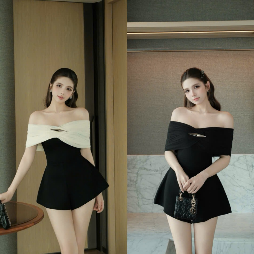 Jum Ngắn Trễ Vai Đính Charm Ngực Sang Trọng