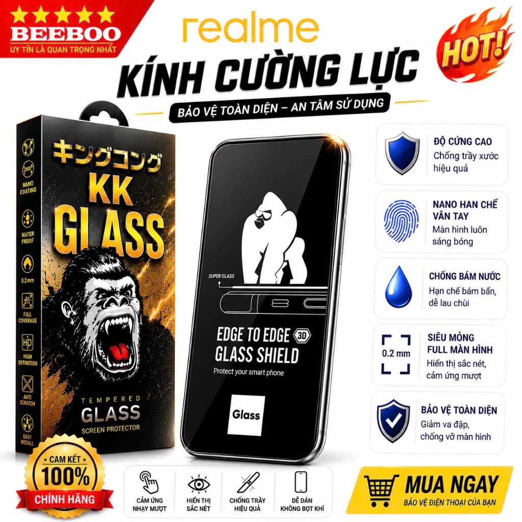[COMBO 2 KÍNH] Kính Cường Lực Realme 6 7 8 9 C75 C75x C85 Note 50 60 70 80 – Trong Suốt HD – Chống Trầy – Full Màn KK 3D