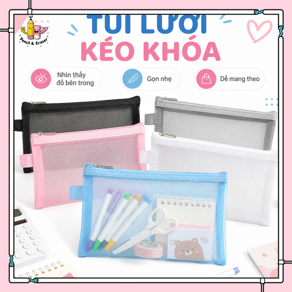 Túi Đựng Bút Lưới Zipper 20.5x12cm, Túi Đựng Mỹ Phẩm Mini Trong Suốt Tiện Lợi Cho Học Sinh Văn Phòng | BigBuy360 - bigbuy360.vn