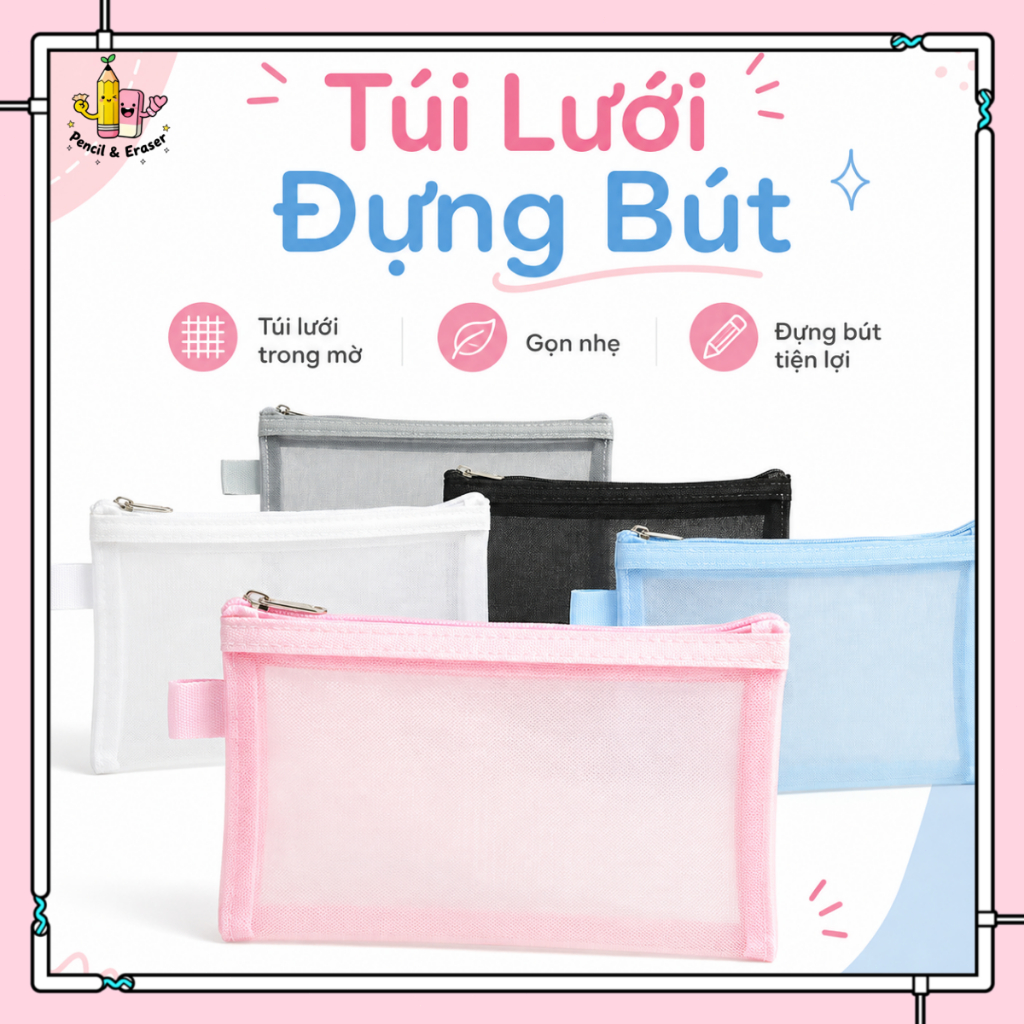 Túi Đựng Bút Lưới Zipper 20.5x12cm, Túi Đựng Mỹ Phẩm Mini Trong Suốt Tiện Lợi Cho Học Sinh Văn Phòng