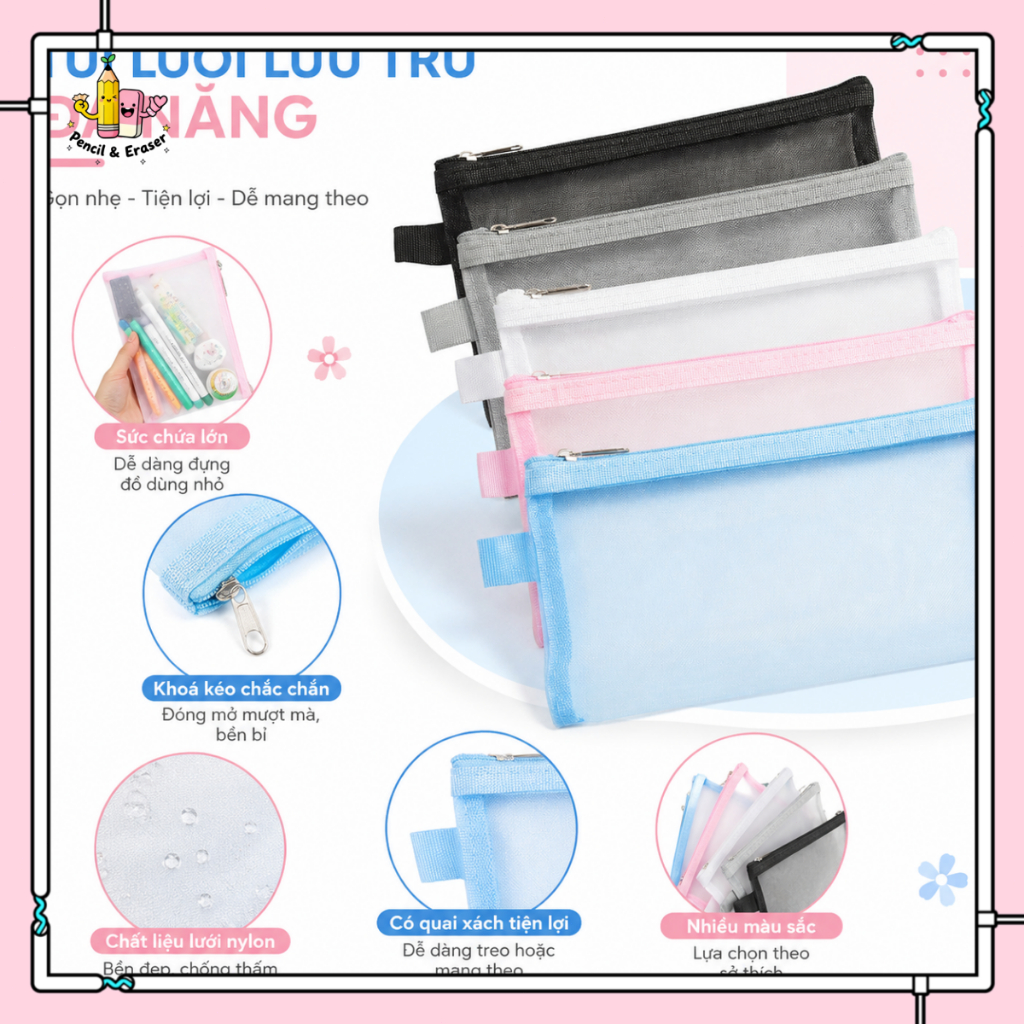 Túi Đựng Bút Lưới Zipper 20.5x12cm, Túi Đựng Mỹ Phẩm Mini Trong Suốt Tiện Lợi Cho Học Sinh Văn Phòng | BigBuy360 - bigbuy360.vn