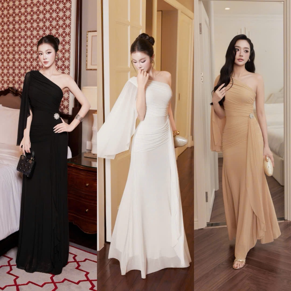 Đầm Body Lệch Vai Nhún Đính Charm Tôn Dáng Sang Chảnh