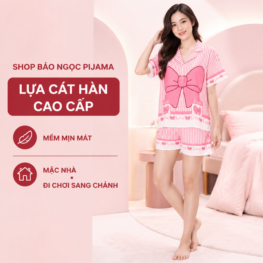 [MẪU HÈ] Đồ Bộ Mặc Nhà Nữ Pijama Lụa Cát Nơ Hồng Thanh Lịch Cộc Tay Quần Đùi Sang Trọng Tôn Da Đẹp