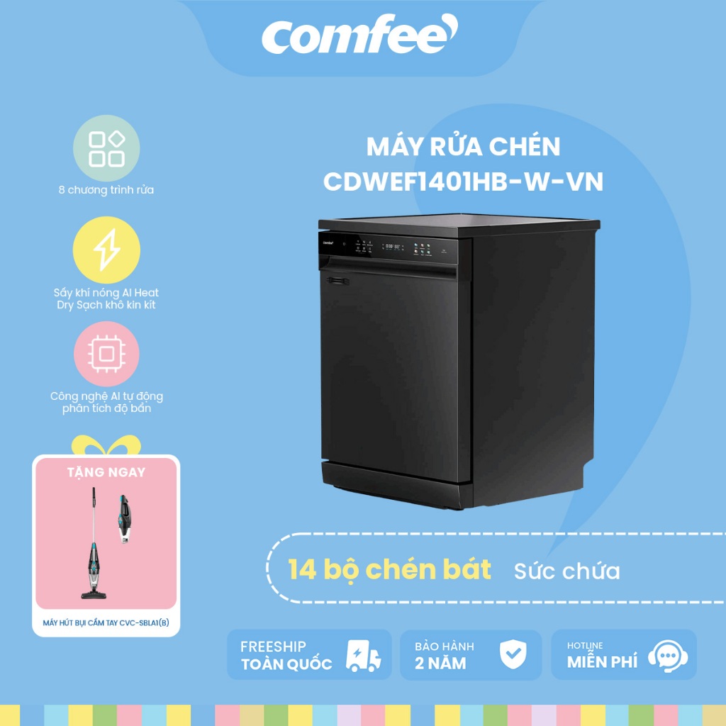 [MIỄN PHÍ GIAO LẮP] Máy rửa chén COMFEE CDWEF1401HB-W-VN -14 bộ, rửa nước nóng, sấy khô| BH 24 tháng