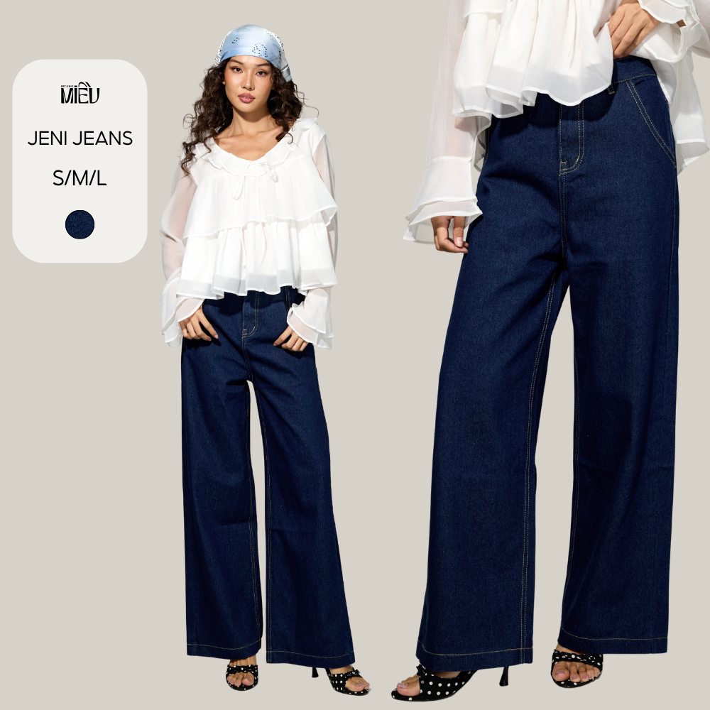 Quần Jeans Nữ Ông Rộng Suông Dài Jeni Miều Est.2013 Denim Lưng Cao Xanh Đậm