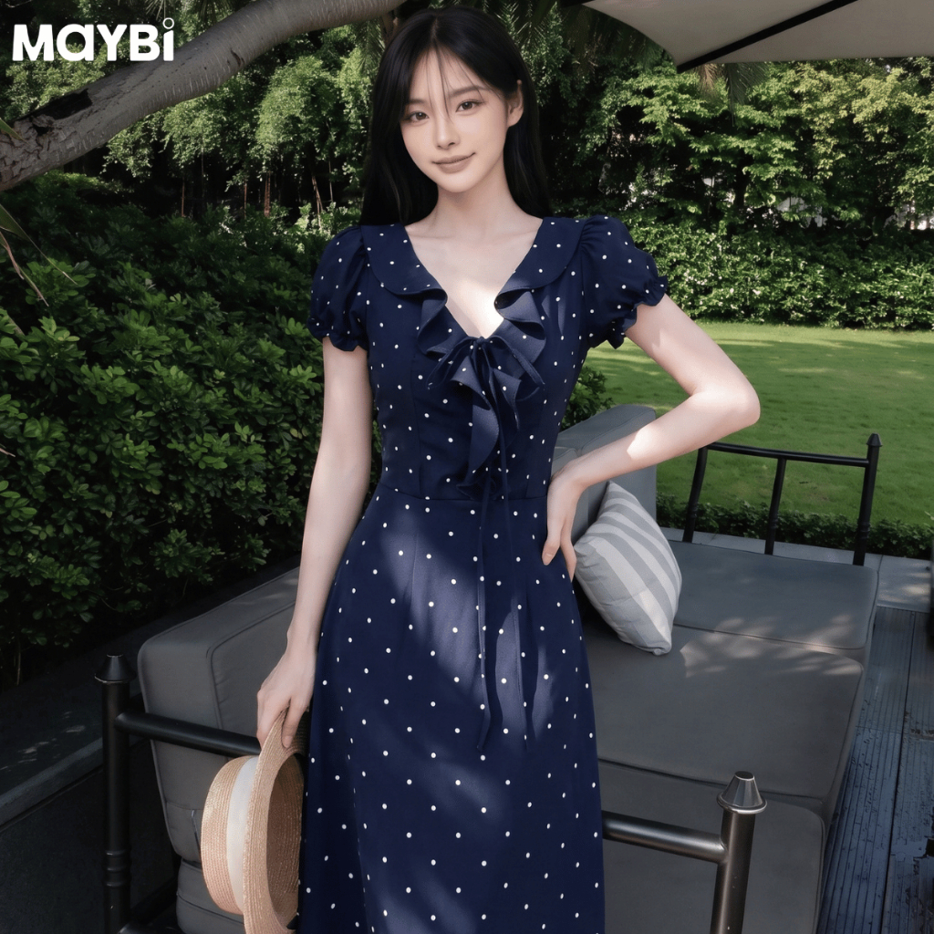 MAYBI Đầm cổ V tay bo dáng xòe dài