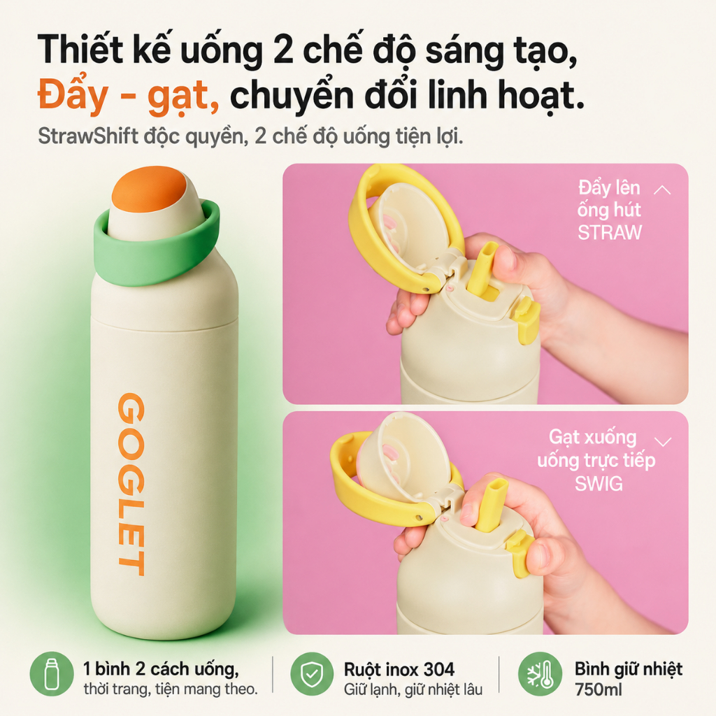 Bình Giữ Nhiệt GOGLET 750ml Inox 304 - Bình Nước Có Ống Hút, Giữ Nóng Lạnh, Chống Rò Rỉ, Bình Thể Thao Cao Cấp | BigBuy360 - bigbuy360.vn