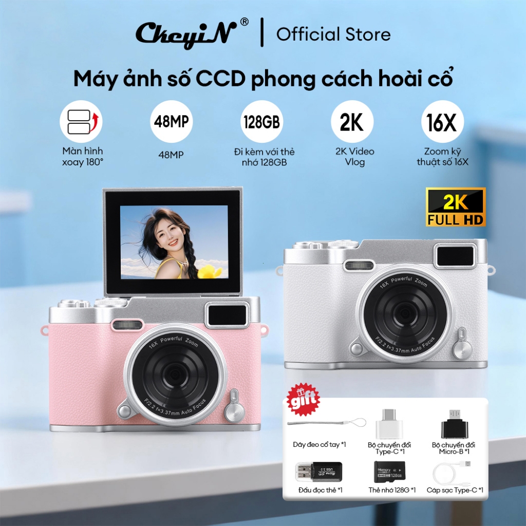 CkeyiN [Tặng thẻ nhớ 128GB] Máy Ảnh Mini Selfie digital camera 180° Màn Hình Lật HD MỚI 48MP Bổ Full HD Video 2K PA022W