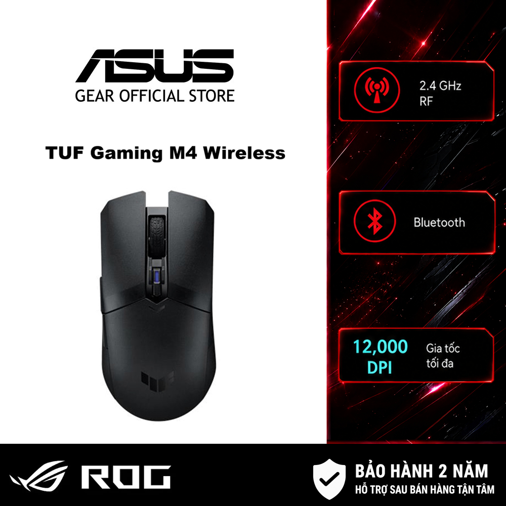 Chuột game không dây ASUS TUF GAMING M4 Wireless (USB 2.4Hz và bluetooth), siêu nhẹ, 12.000 dpi, nắp vỏ bằng PBT