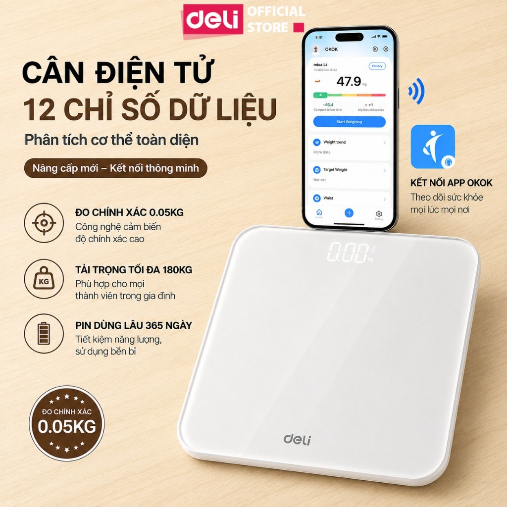 Cân sức khỏe điện tử thông minh Deli có App kết nối Bluetooth theo dõi phân tích 12 chỉ số cơ thể