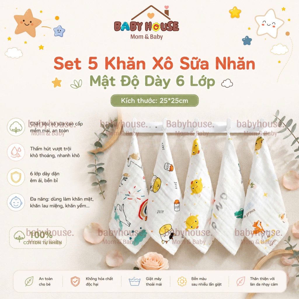 Set 5C Khăn Sữa Cho Bé Dokimi 6 Lớp Vải Xô Cao Cấp Siêu Mềm Mại, Thấm Hút Tốt, An Toàn Cho Làn Da Nhạy Cảm ( 25x25cm)