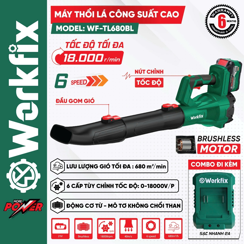 Máy thổi lá pin WORKFIX WF-TL680BL, Không chổi than Công suất lớn, 6 Tốc độ