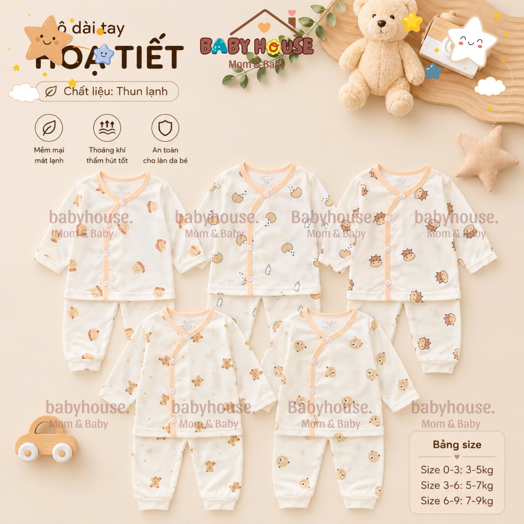 Set 5 Bộ Quần Áo Dài Tay Màu Kem In Họa Tiết Baby House Chất Thun Lạnh - Mềm Mại, Thoáng Mát, An Toàn Cho Bé (0-9 Tháng)