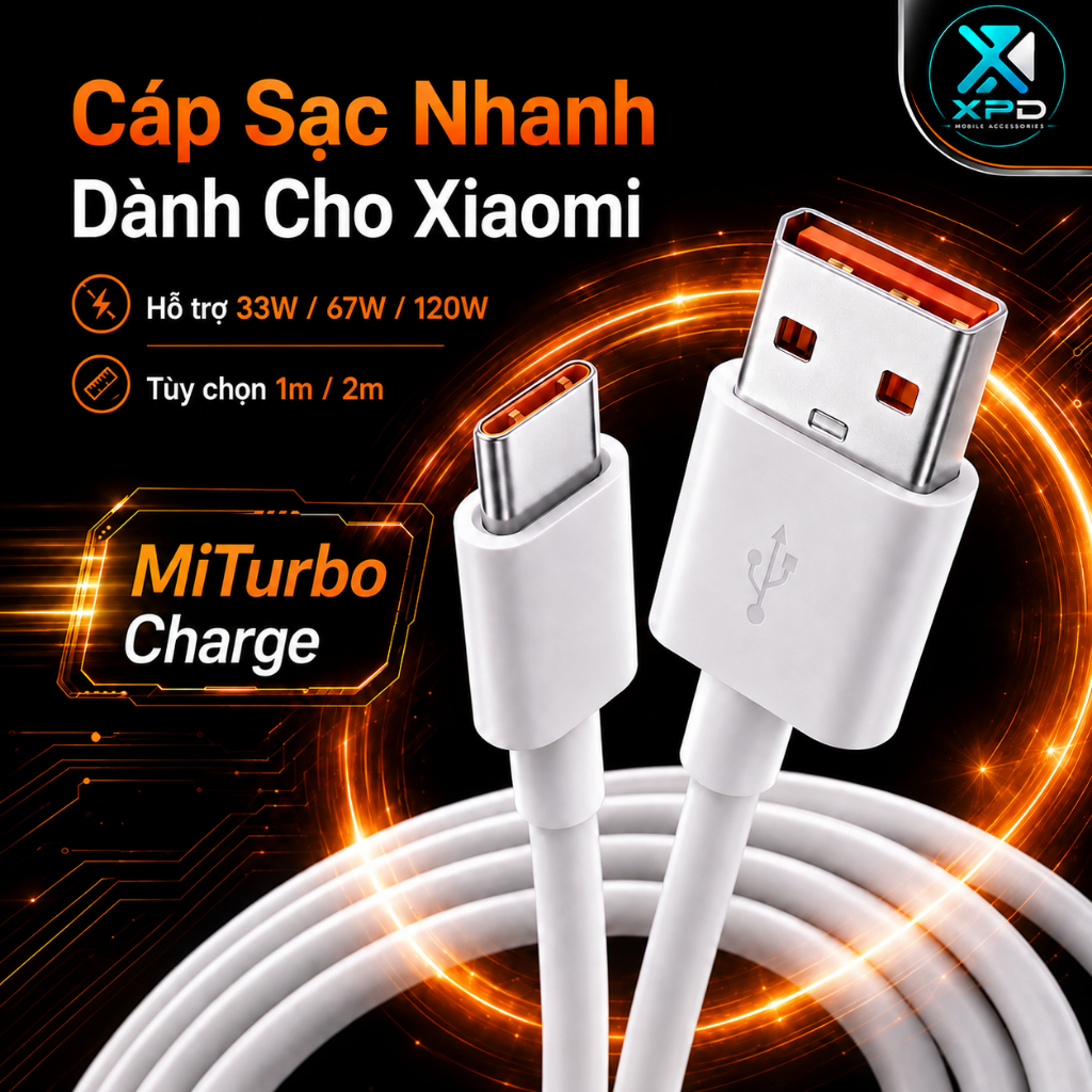 (Dây) Cáp Sạc Nhanh Dành Cho Xiaomi 33W/67W/120W Dài 1M/2M Cáp 6A - Hỗ Trợ Miturbo Hiển Thị Số Thập Phân...