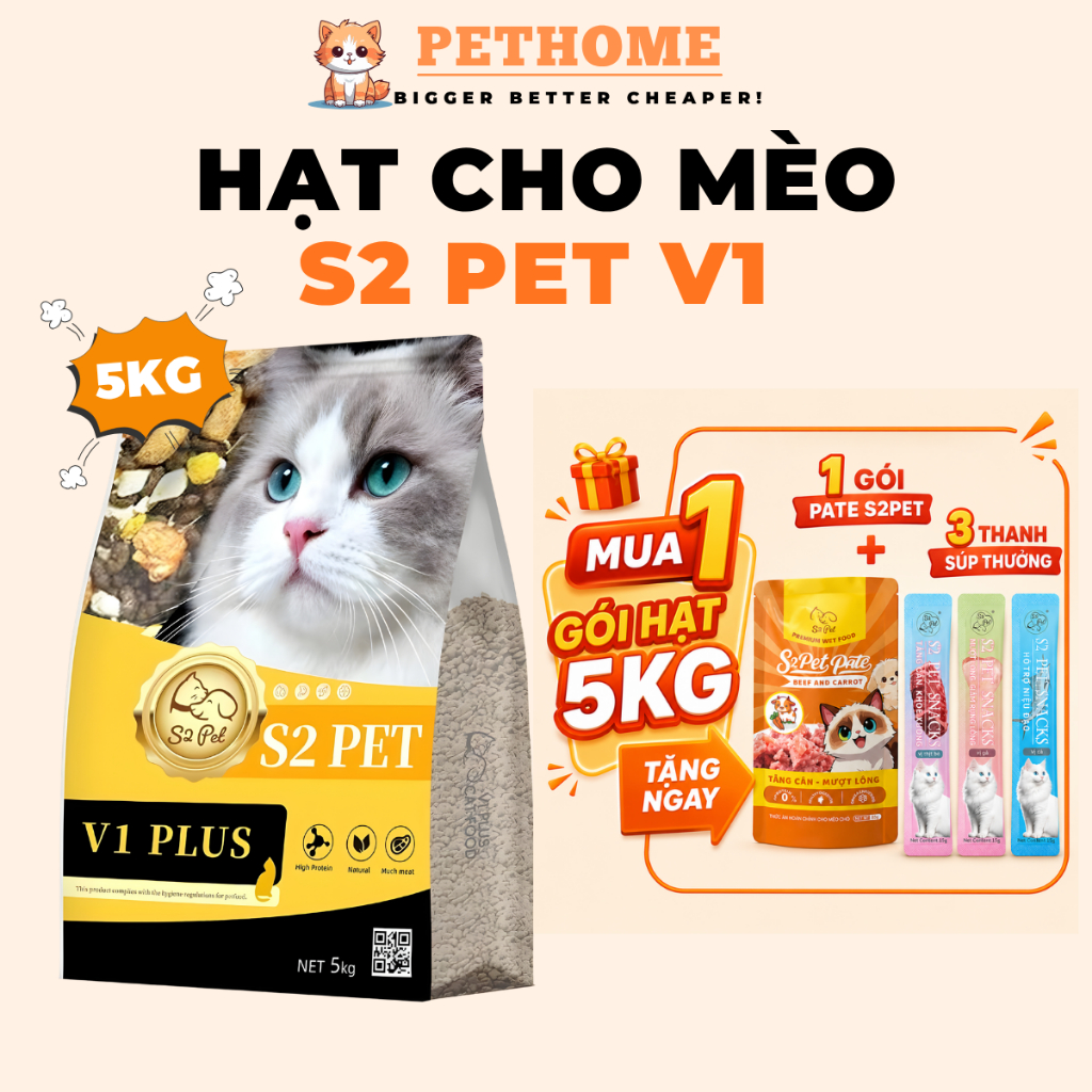 [TÚI 5KG] Hạt Cho Mèo S2PET V1 Đạm 32% Mix Thịt Đông Khô Kích Thích Thèm Ăn Phù Hợp Mọi Lứa Tuổi