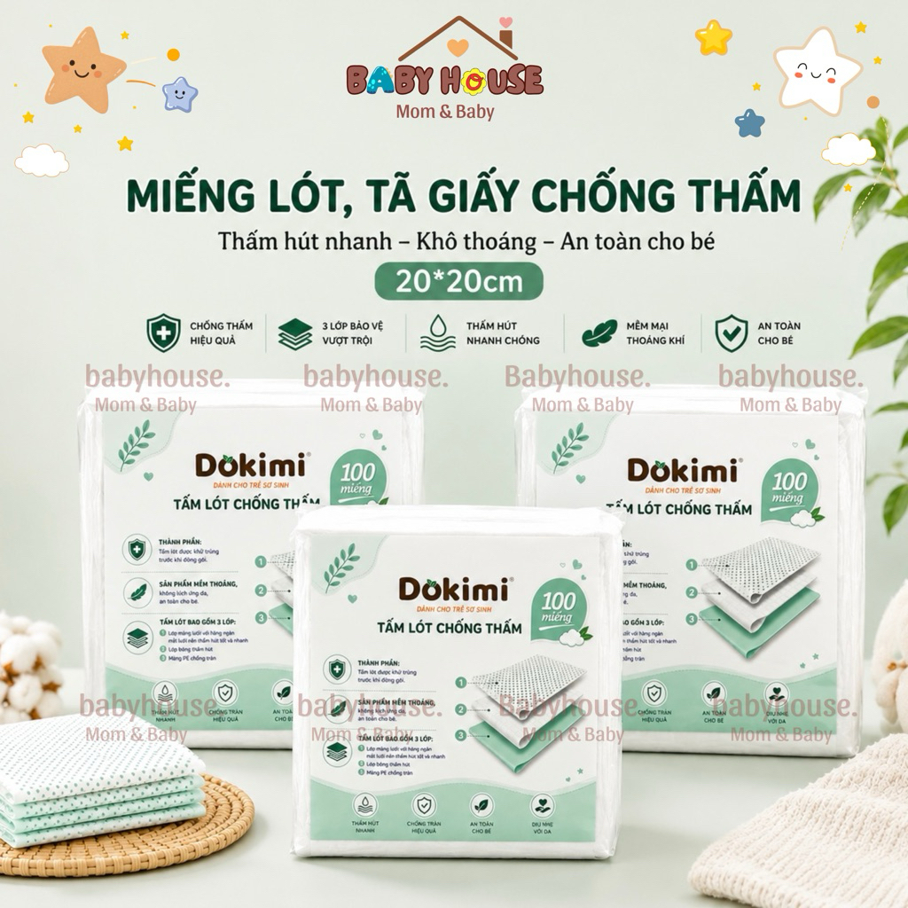 [ GIẤY TÍM] Set 100 Miếng Lót- Tã Giấy Chống Hăm Baby House 3 Lớp Siêu Thấm Hút, Mềm Mại, An Toàn Cho Bé Yêu (22x22cm)
