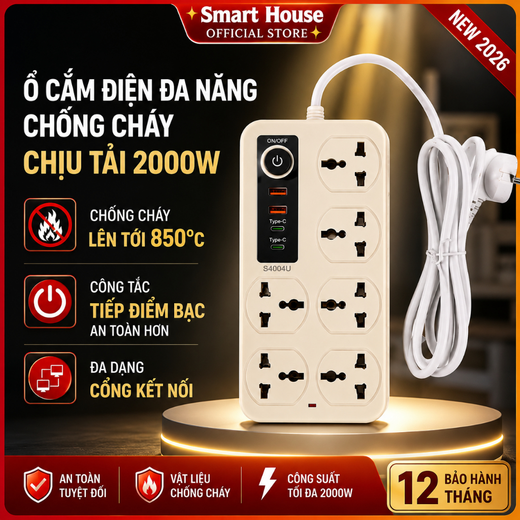 Ổ Cắm Điện Chống Cháy 6 Ổ Tích Hợp 2 Cổng USB 2 TYPE-C Sạc Nhanh Chịu Tải 2000W Chịu Nhiệt 850 Độ C