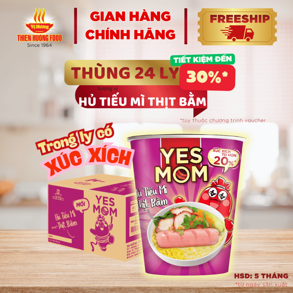 CÓ XÚC XÍCH VÀ VẮT HỦ TIẾU TRONG LY - Thùng 24 Ly Hủ Tiếu Mì Thịt Bằm Yes Mom Có Xúc Xích 79.2gram/ly   [TMNLY0020]