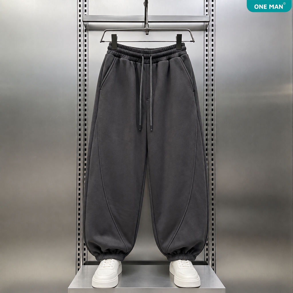 Quần Jogger Nỉ unisex cao cấp ONEMAN, ống rộng bo chun gấu hoạ tiết đường chéo bắt mắt mặc đi chơi đi thể thao QJN000B