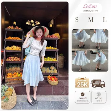 Chân Váy Nữ Dáng Dài Chân LOKOSA Váy Xòe Cạp Cao Voan Tơ Mỏng Nhẹ Thanh Lịch Vintage Đi Biển Mùa Hè