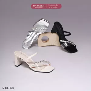 (Tăng 1 Size)Guốc, dép cao gót nữ sang trọng HÀ HUYỀN quai trong đính đá gót dẹt 7cm - GL868