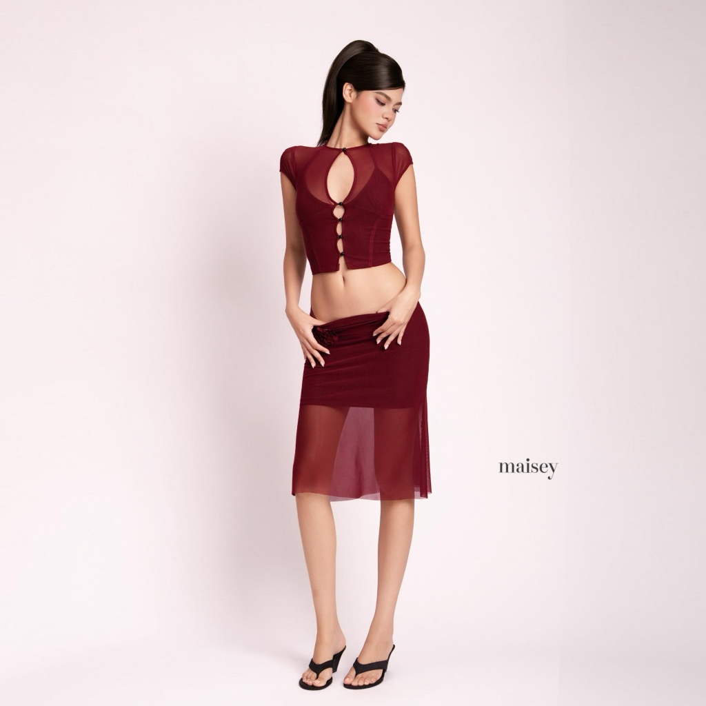[MAISEY 3017] Set lưới cá tính áo corset ngắn tay + chân váy lửng đính hoa thủ công sang trọng