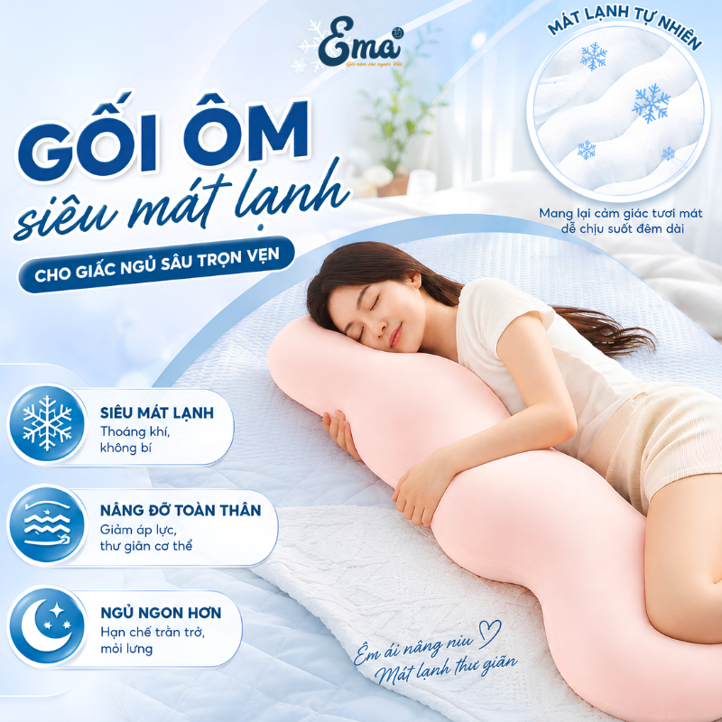 Gối ôm siêu mát lạnh EMA cho người lớn 100x35cm thiết kế công thái học vỏ băng lạnh độ lạnh cấp 4