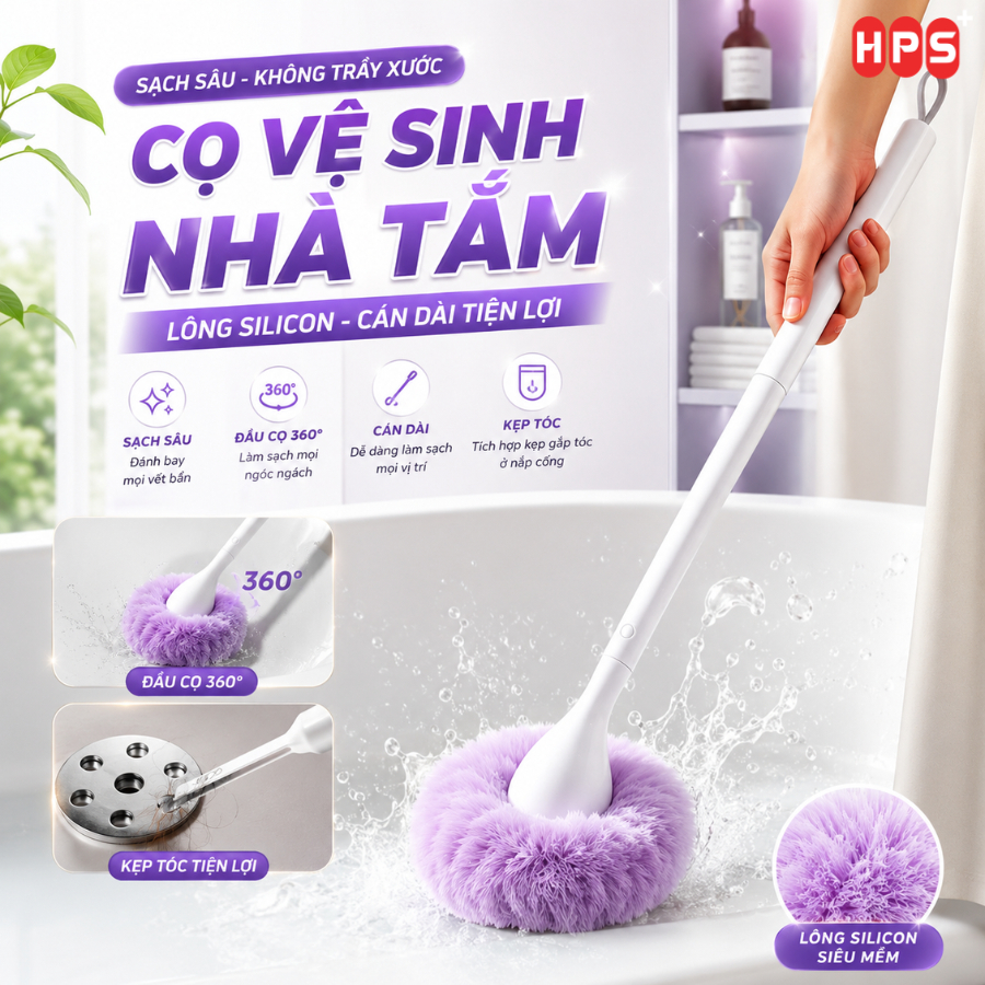 Chổi Cọ Vệ Sinh Nhà Tắm Đa Năng HPS Lông Đám Mây Làm Sạch Mọi Vết Bẩn, Bàn Chải Toilet Cán Dài 50Cm Kèm Kẹp Rác Mini | BigBuy360 - bigbuy360.vn