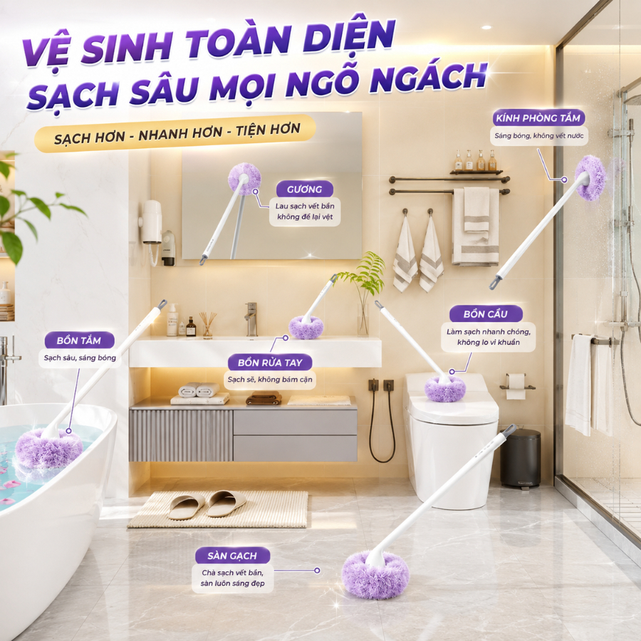 Chổi Cọ Vệ Sinh Nhà Tắm Đa Năng HPS Lông Đám Mây Làm Sạch Mọi Vết Bẩn, Bàn Chải Toilet Cán Dài 50Cm Kèm Kẹp Rác Mini | BigBuy360 - bigbuy360.vn