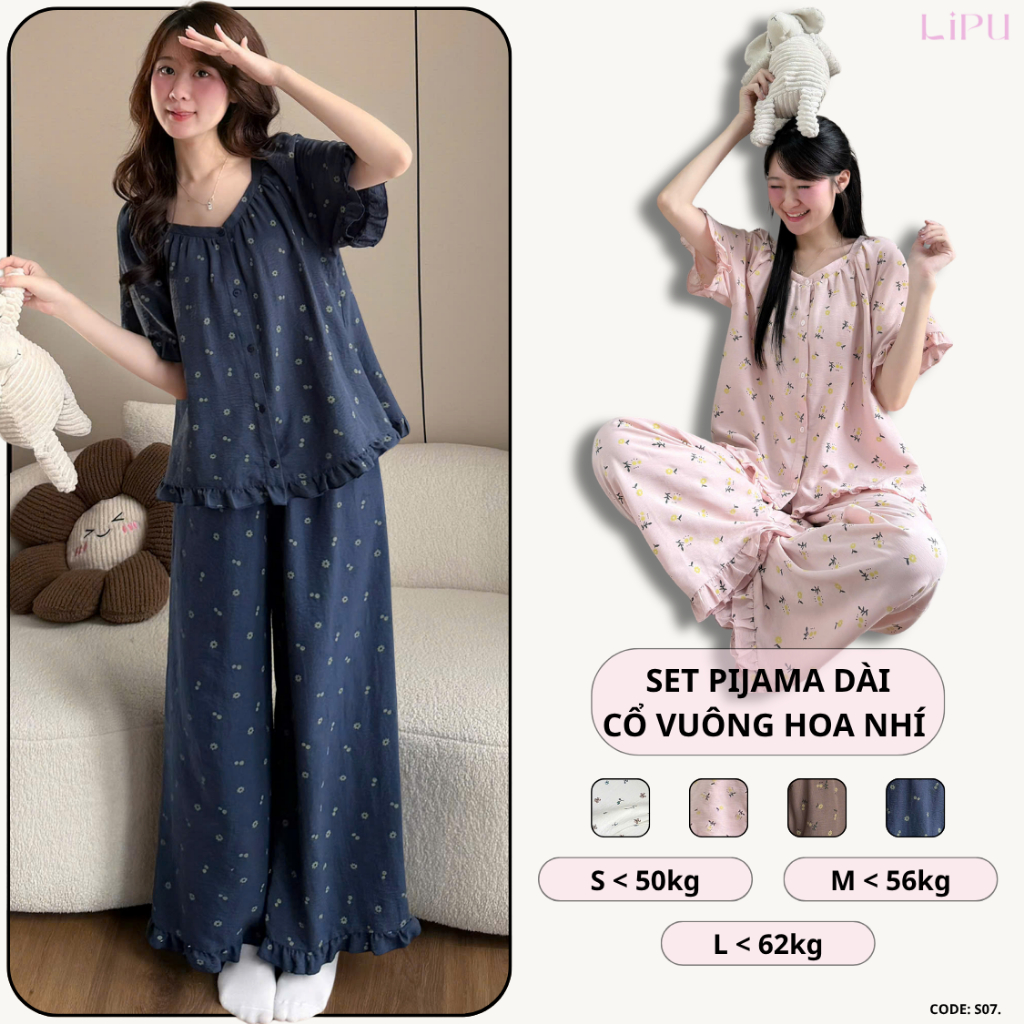 Set Pyjama Dài Cổ Vuông Hoạ Tiết Hoa Nhí Phối Bèo S07 LIPU #2119